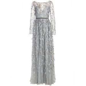 # Marchesa Notte Metallic Leaf Long Sheer Sleeve Gown